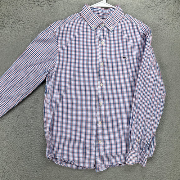 Vineyard Vines Mens Whale Shirt Medium Blue Pink Plaid Button‎ Down Logo Casual